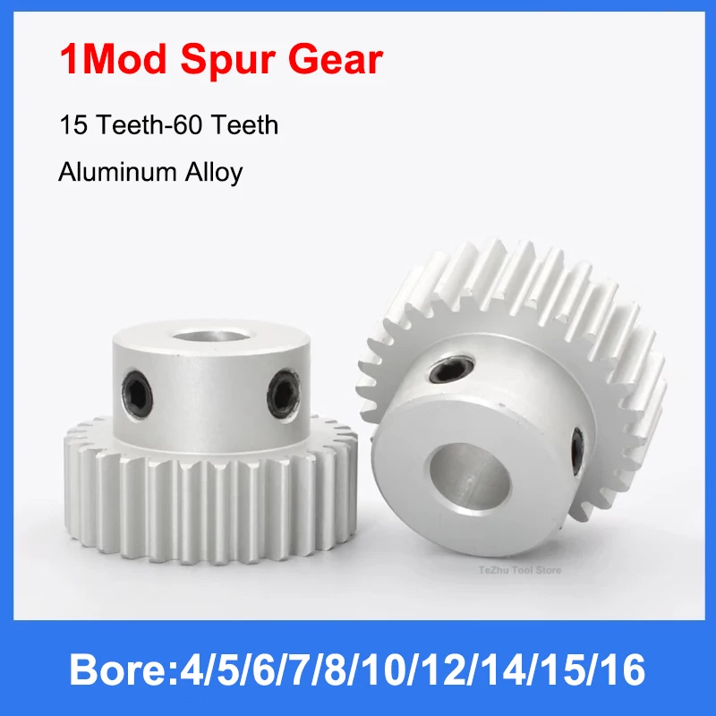 

1pc 15T-60T 1M Aluminum Spur Gear 1 Mod Motor Gear 15 16 18 20 22 24 25 26 28 30 32 33 35 36 40 50 60 Teeth Bore 4-16mm