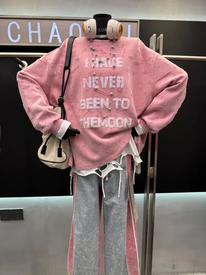 Heavy Beaded Letter Round Neck Sweatshirt For Women's Loose Fit Versatile Design Jacket Autumn New Long Sleeves Pullover Hoodies
