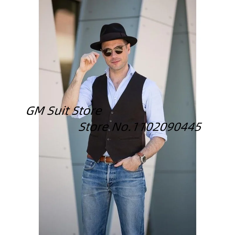 Men's Vest Fashion Splicing Solid Color V -neck Single Buckle Slim Sleeveless Pocket Five Buckle Suitable For Business Jacket