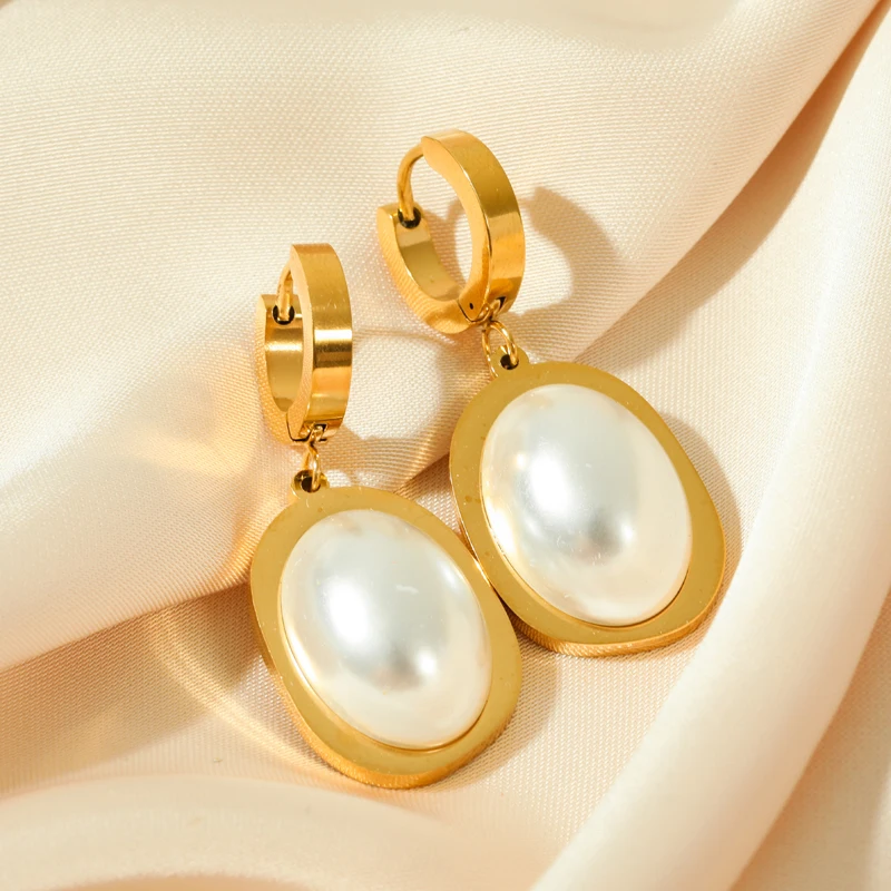 EILIECK 여성용 대형 타원형 진주 펜던트 귀걸이, 316L 스테인리스 스틸, 패션, 방수 이어 버클, 쥬얼리 선물, 파티