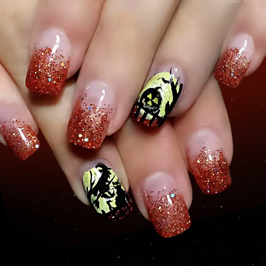 24枚入りミディアムレングススクエアマニキュアチップ、スパイダーラインストーン、ラブスパイダーウェブフェイクネイル、シャイニーパウダー、取り外し可能なプレスオンネイル