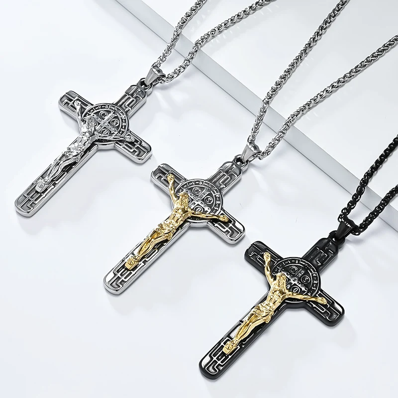 Punk Rock Stainless Steel INRI Crucifix JESUS CSPB Cross Pendant Necklace for Men Jewelry Black Gold Silver Color Drop Shipping