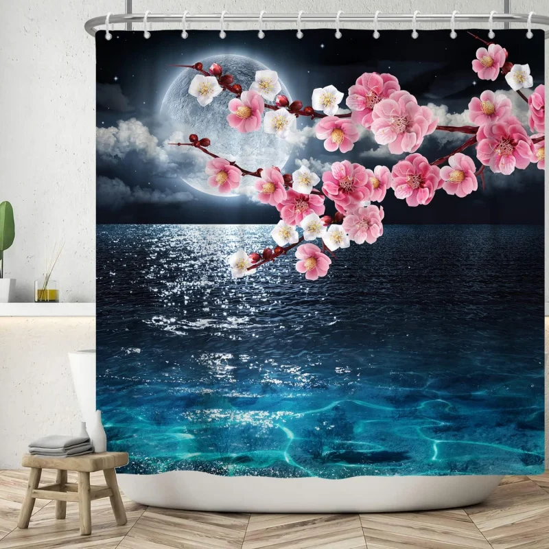 Moon Shower Curtain Mysterious Full Moon over the Ocean with Sakura Shower Curtain Japan Pink Flower White Clouds Waterproof