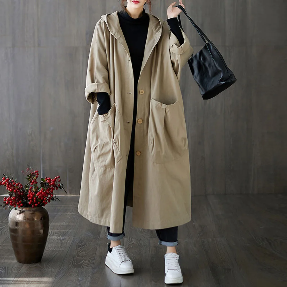 Women\'s Oversized Cotton Windbreaker Hooded Long Trench Coat Streetwear Coat For Women