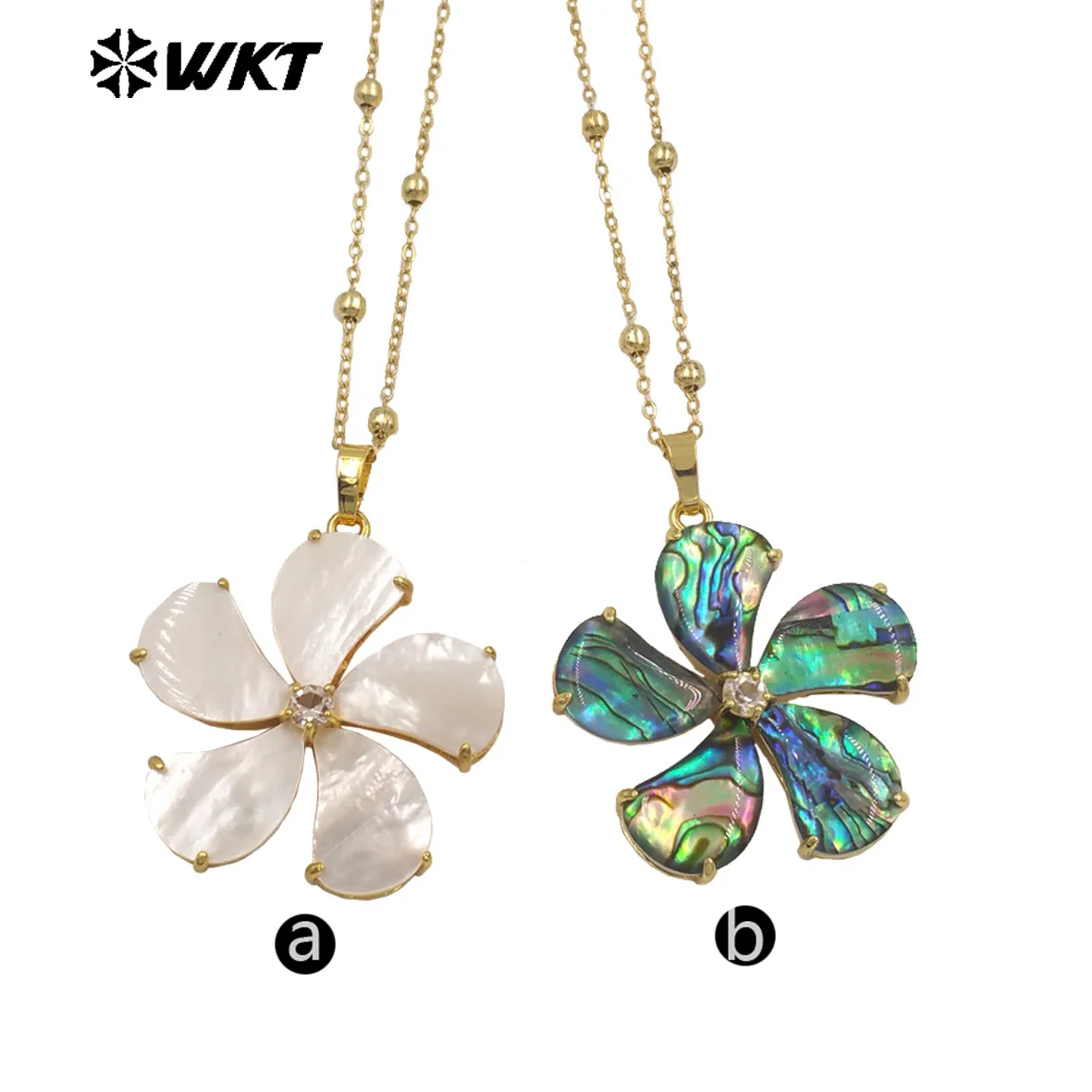 

WT-JN310 Elegant Flower Shape Grain Smooth Abalone Shell CZ Pendant 18K Gold Beads Necklace Skirt And Sweater Accessory