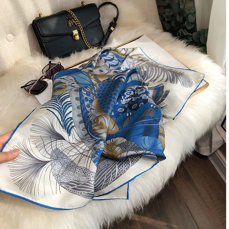 Bufanda de seda 100% para mujer, chal con estampado azul, a la moda, con bordes enrollados a mano, 90