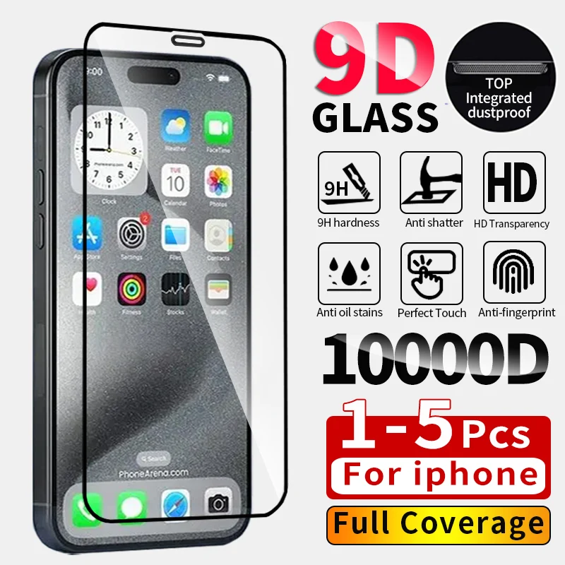 1-5Pcs 9D Tempered Glass For iPhone 16 Pro Max 11 15 14 13 12 Mini Xr X Xs Max 7 8 Plus Se 6s 13 15 16 pro Max Screen Protector