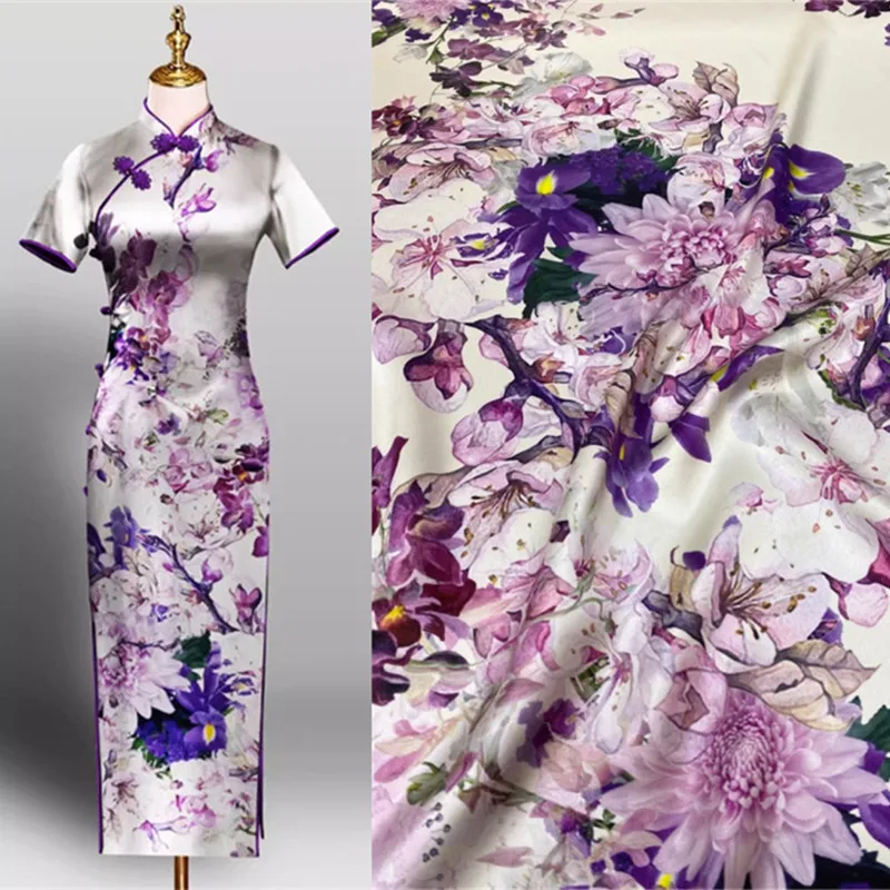 Width 112cm 40 Mm Classic Luxury Brand Printed Violet Mulberry Silk Fabric Dress Clothing Heavyweight Satin Natural Silk Fabric