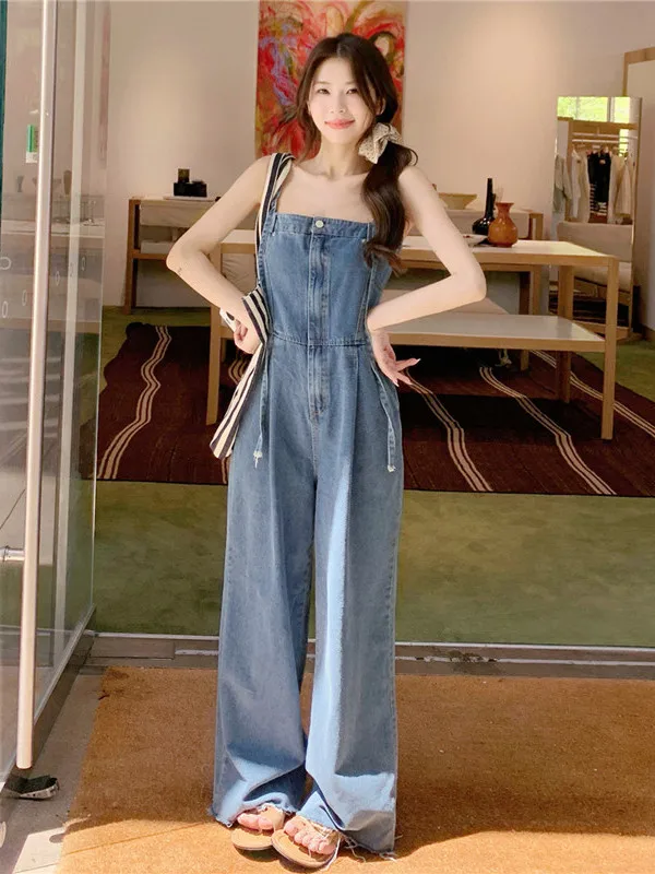 

Летние утягивающие комбинезоны с широкими штанинами, женские новинки 2025, корейский комбинезон в стиле ретро, джинсовый комбинезон с высокой талией, длинные брюки