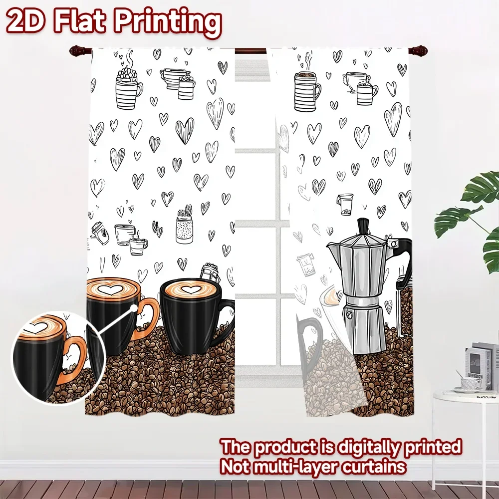 Aesthetic Coffee Mug Print Curtain Pair for Home Decor Kitchen Window Drapes 2pcs Living Room Cafe Style