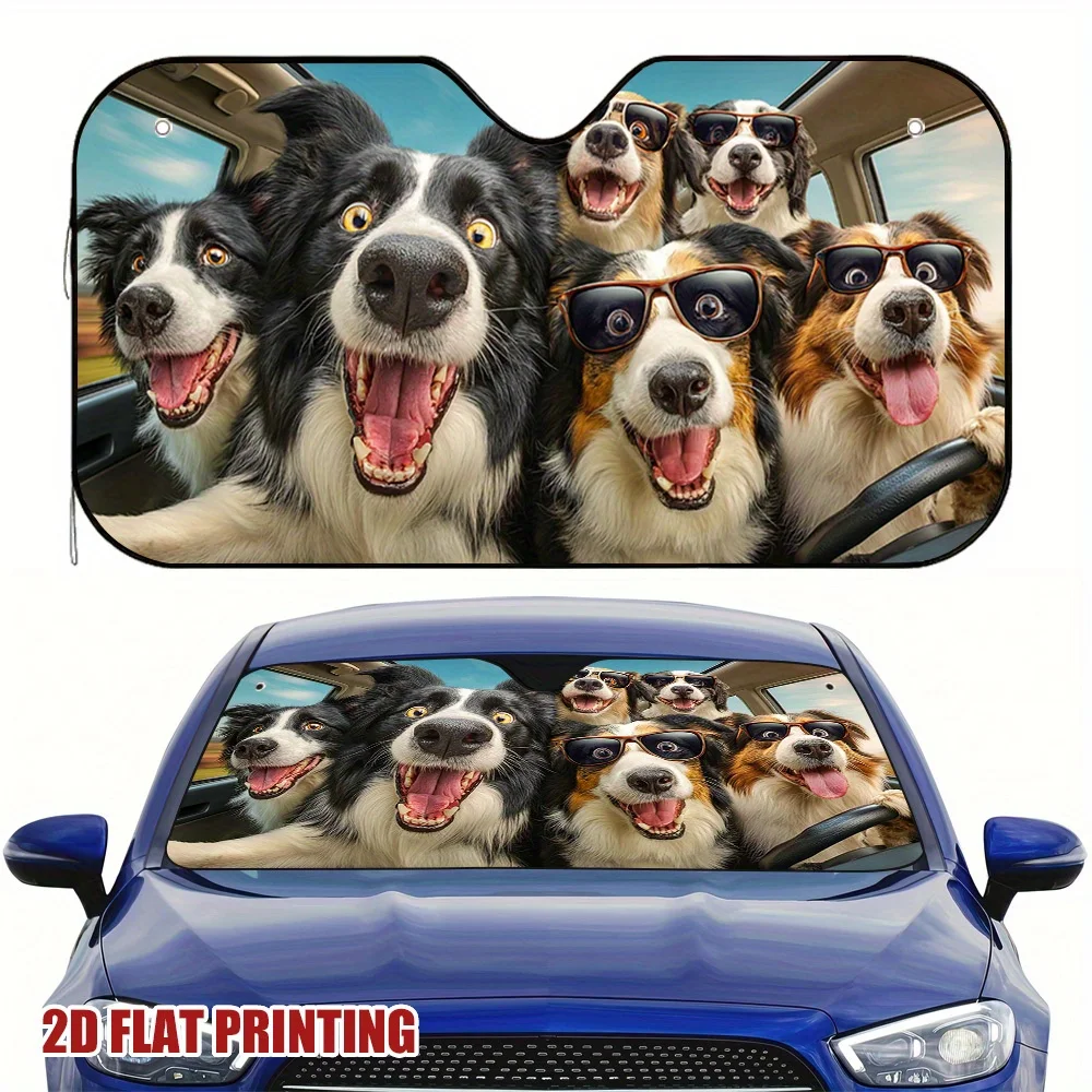 

1pc Funny Border Collie Road Trip Car Windshield Sunshade - Fit, 2D Flat Printing, Unique Design To Elevate Your Vehicle'S Style