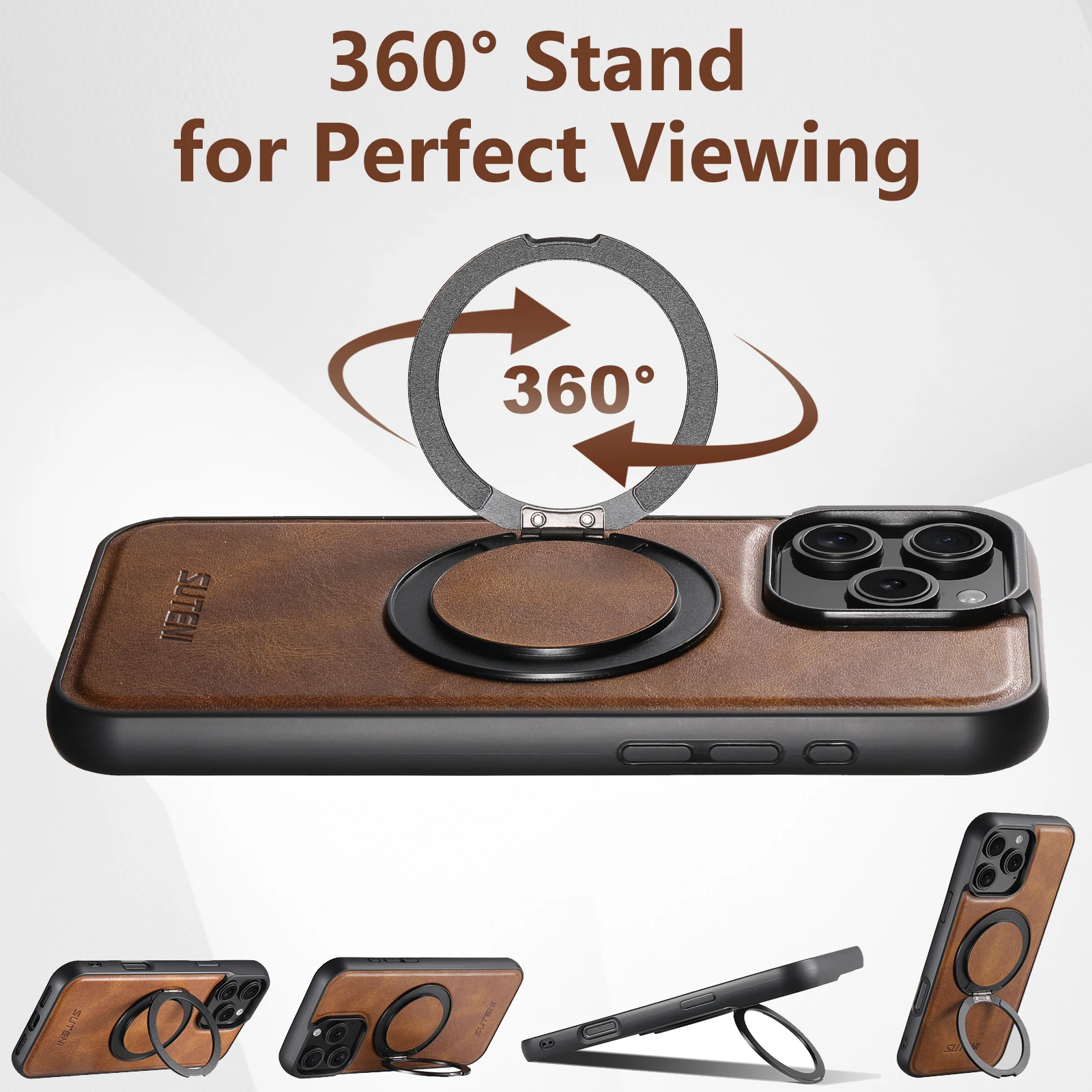 SUTENI Oil Wax PU Leather Wireless Ｃharging Phone Case 360° Rotating Stand Buckle For iPhone 17 Pro Max 16 Plus 15 Pro 14 13 12