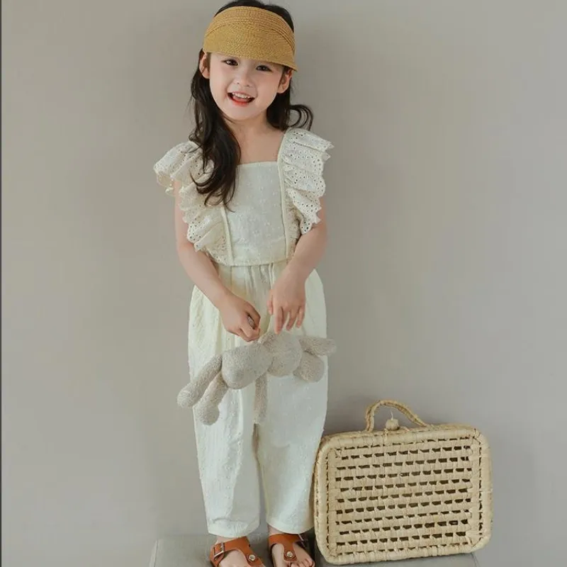 

Girls' summer outfit new western-style children's hollowed out lace vest+cropped pants 2-piece set