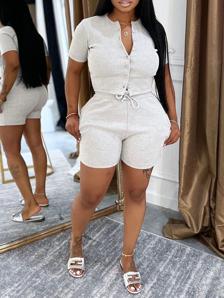 

Solid Casual Tracksuit Womens Two Piece Outfit Summer Short Sleeve Button T-shirt Top and Drawstring Pocket Shorts Matching Sets