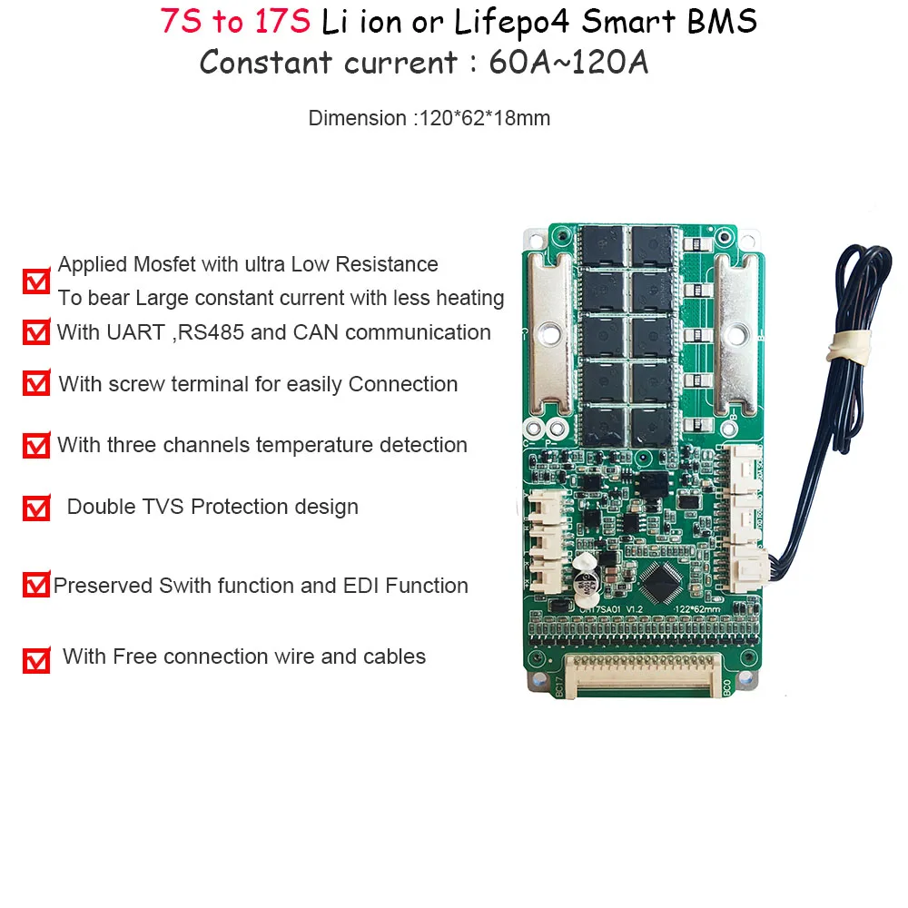 Li-ion Smart BMS com software de comunicação UART, corrente constante, RS485, 30 60A, 58.8V, 14S