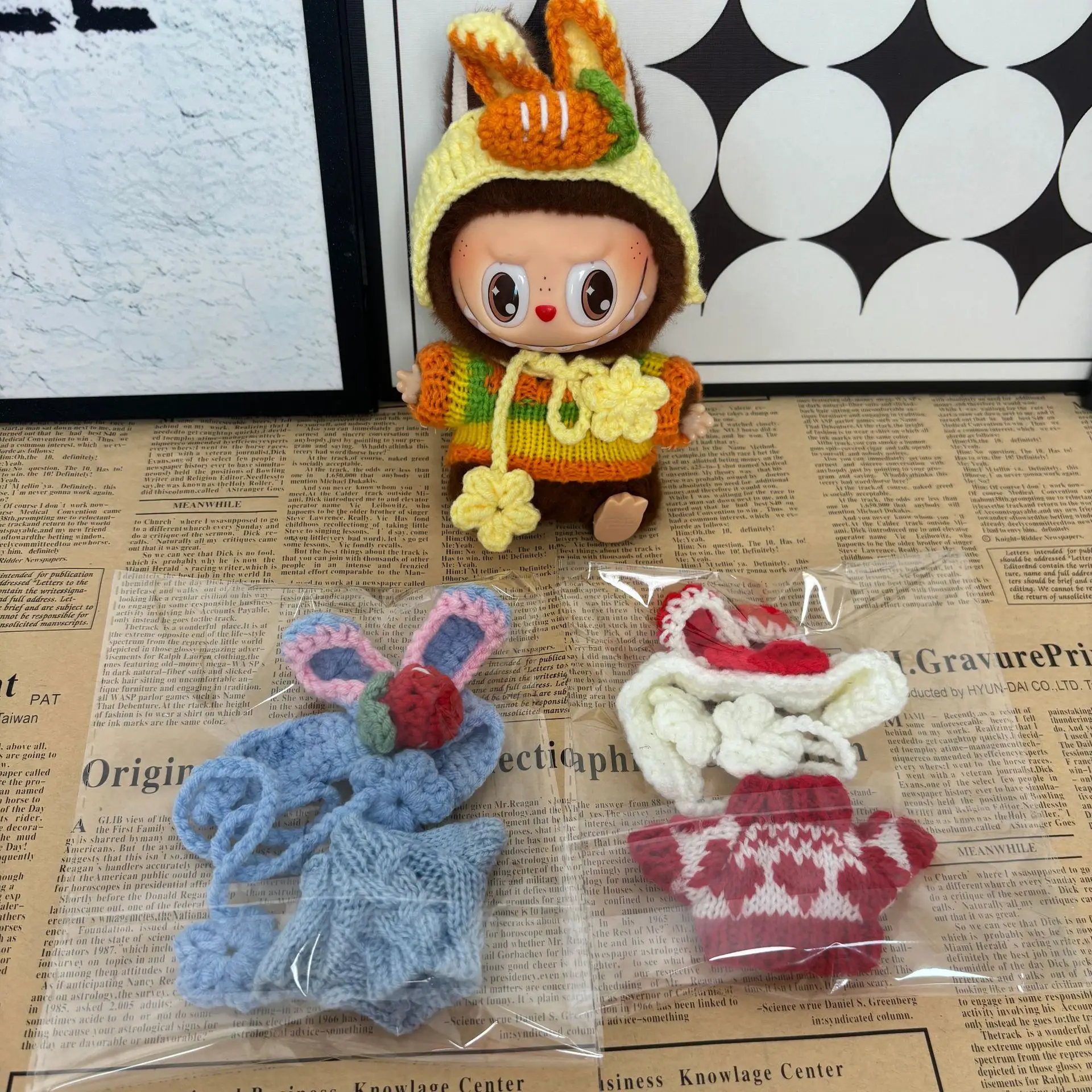 

Clothes For Labubu Dolls Handmade Knitted Outfit For 1517cm 1st 2nd 3rd Gen Carrot Hat And Floral Sweater Set