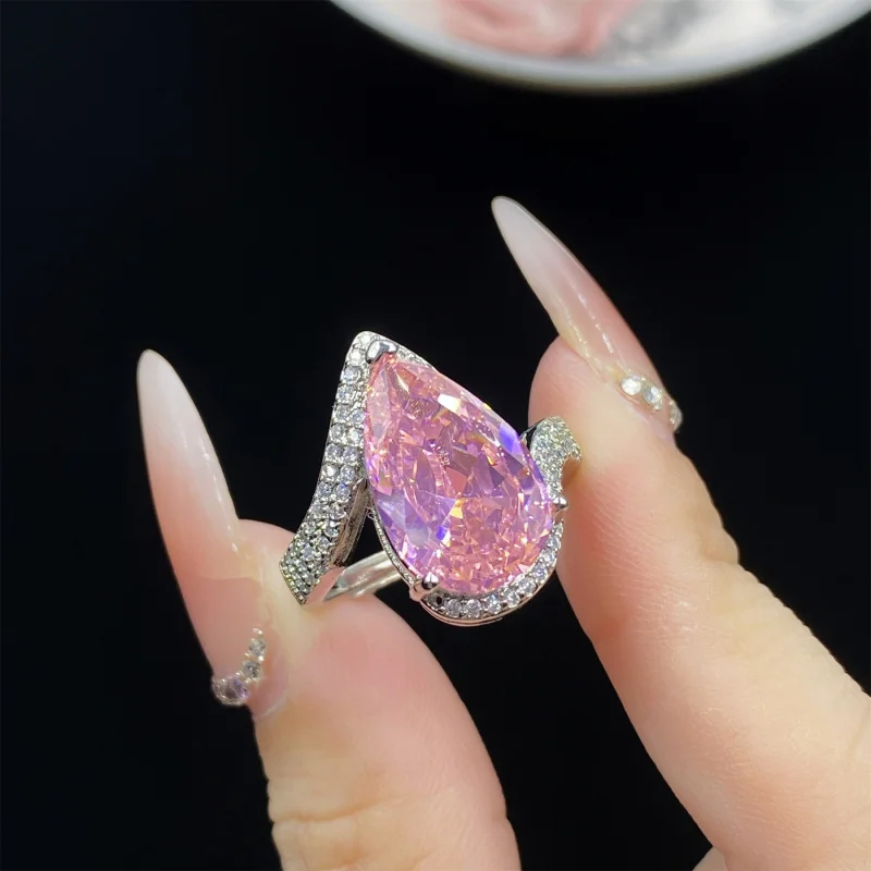 

Pink Water Drop Shape Zircon Three-piece Full Diamond Open Ring Female Temperament Luxury Pendant Earrings Set