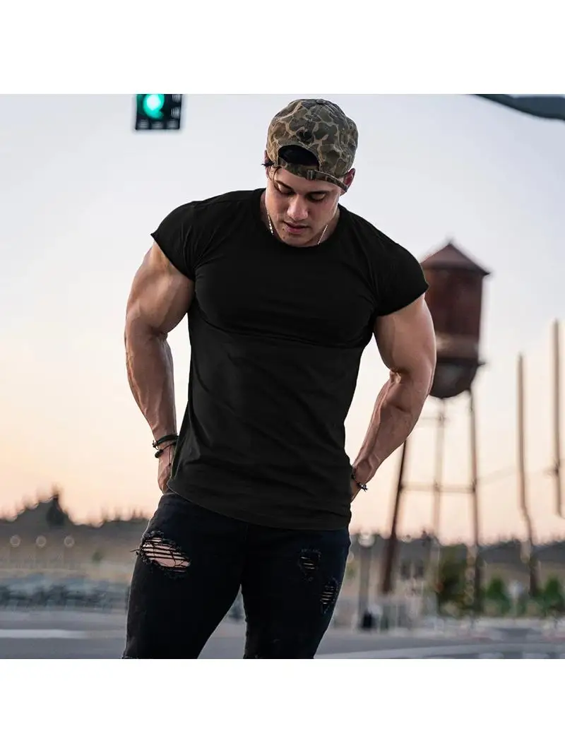 Letnia odzież sportowa bawełna kulturystyka t-shirty mięśni męskie małe rękawy topy koszulki Fitness sport Tshirt mężczyźni luźna koszulka — zdjęcie 2