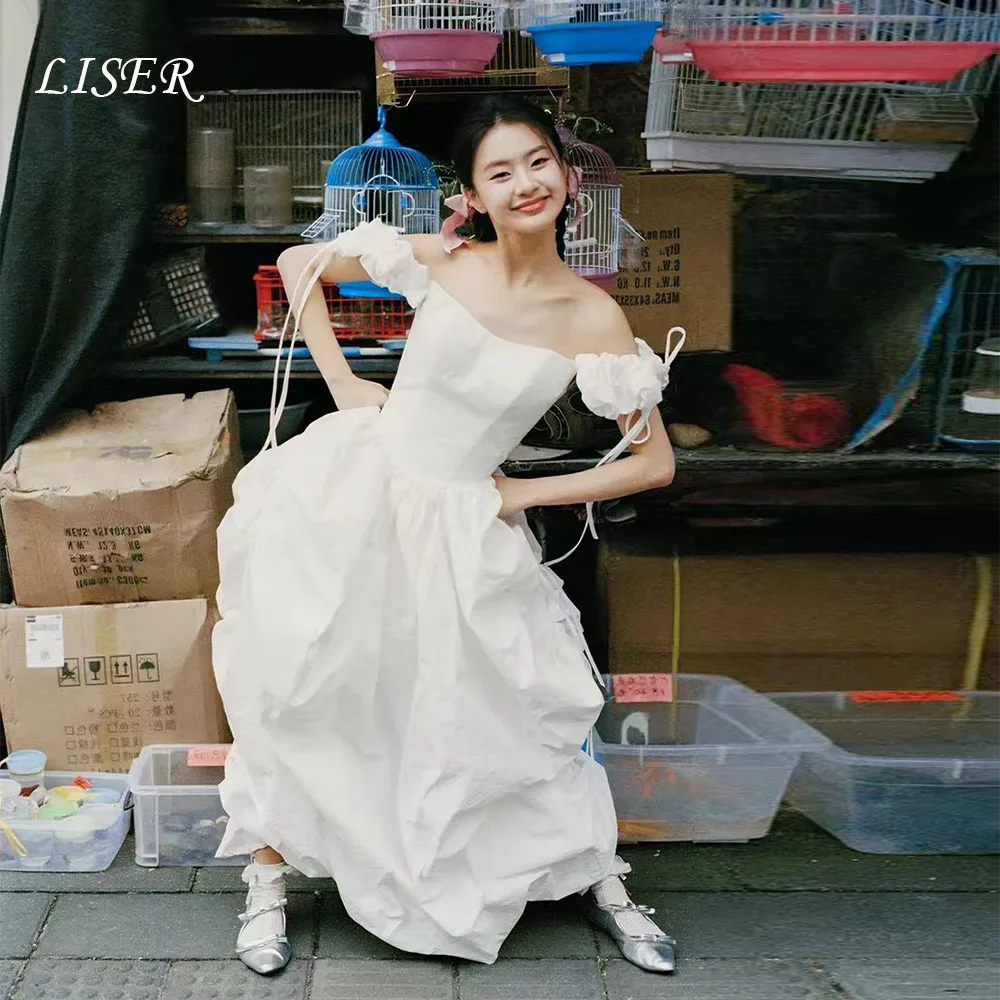 Liser Sparky Puff Sleeves Wedding Dress Off Shoulder Draped Ivory Satin Korea Photo Shoot Bridal Gown Customized Party Dresses