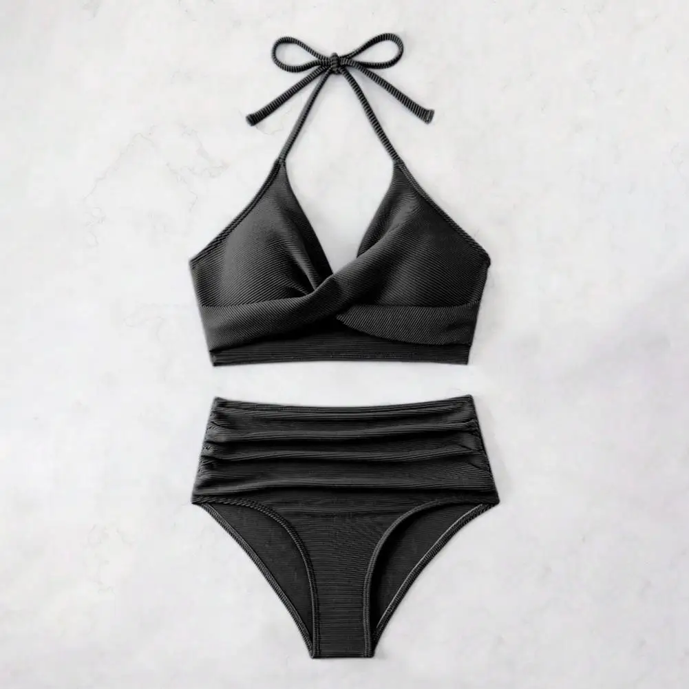 

2Pcs/Set Summer Bikini Set Halter Padded Bra With Pleated Detail High Waist Swimming Trunks Set Solid Color Swimsuit Outfit