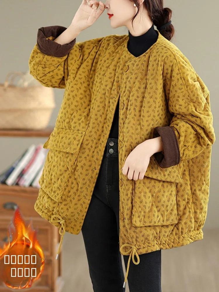 

Floral Print Cotton Jaet Large Size Corduroy Collarl Women's New Chinese Sle Button down Thiened Winter Coat