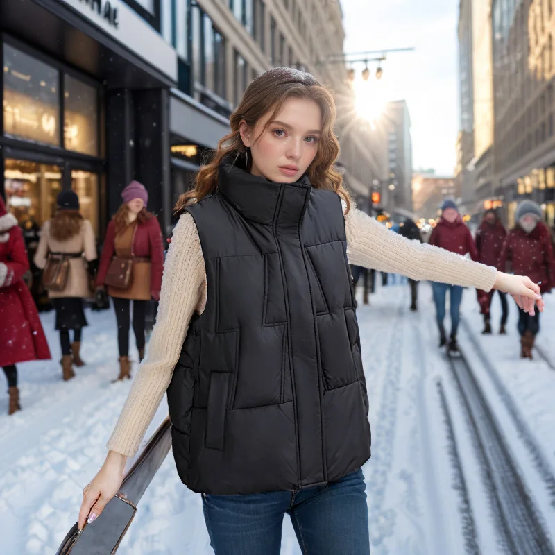 2025 Winter Women's Cotton Vest Stand Collar Pure Color Sleeveless Female Coats Commuting Thickened Warm Quilted Jacket For Lady