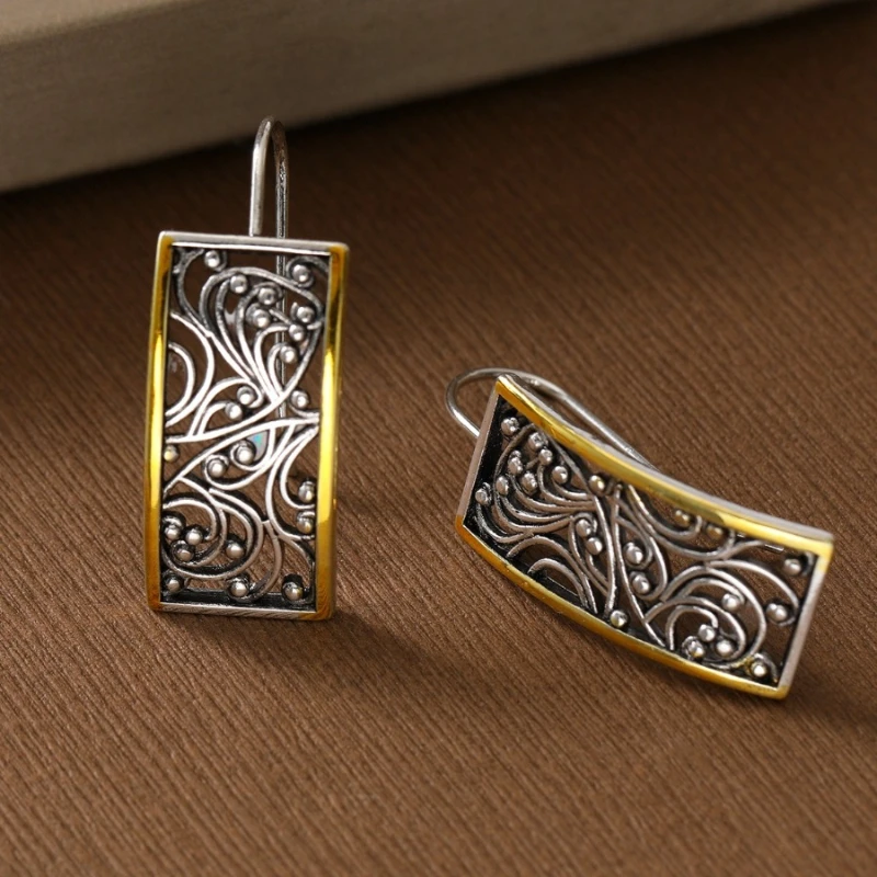 Vintage Silver Hollowed Out Patterned Gold Color Rimmed Earrings Women's Unique Charm Jewelry Holiday Party Accessories Gifts - view 2