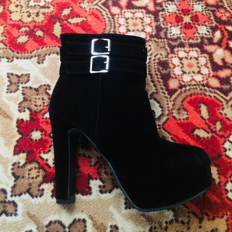 Fashion Women\'s Ankle Boots Winter Autumn Shoes Platform Boots Ladies Black Red Flock Buckle Short Shoes Woman Big Large Size 48