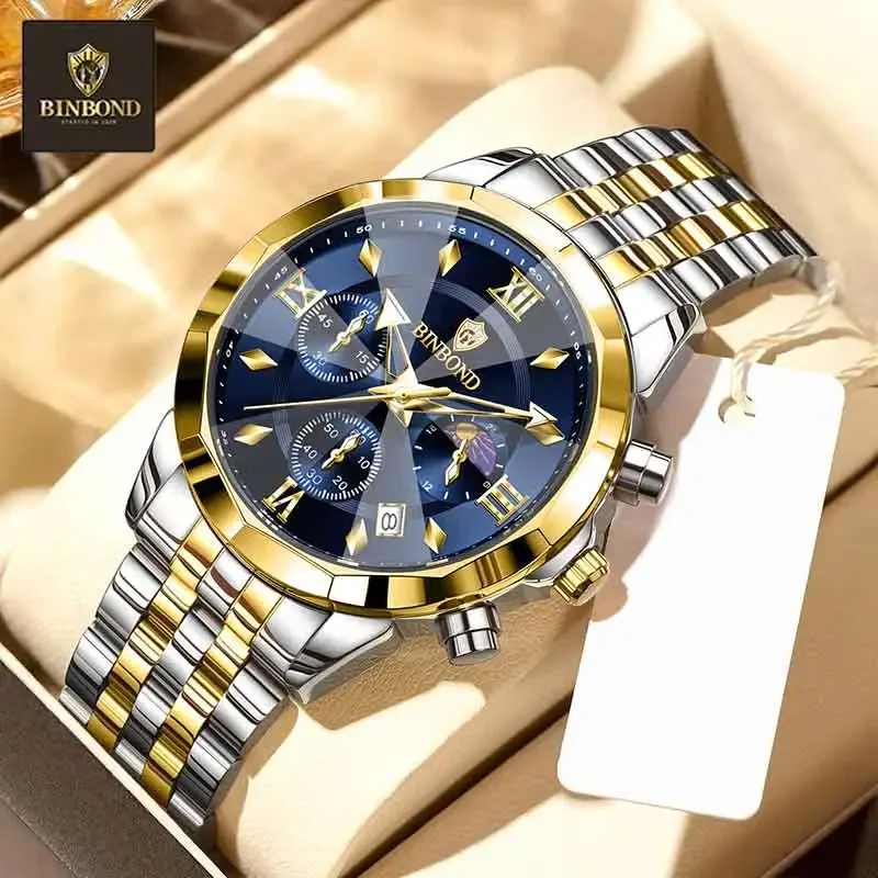

BINBOND New Men Watch Original Waterproof Luminous Chronograph Man Wristwatch Luxury Stainless Steel Quartz Business Men Watches