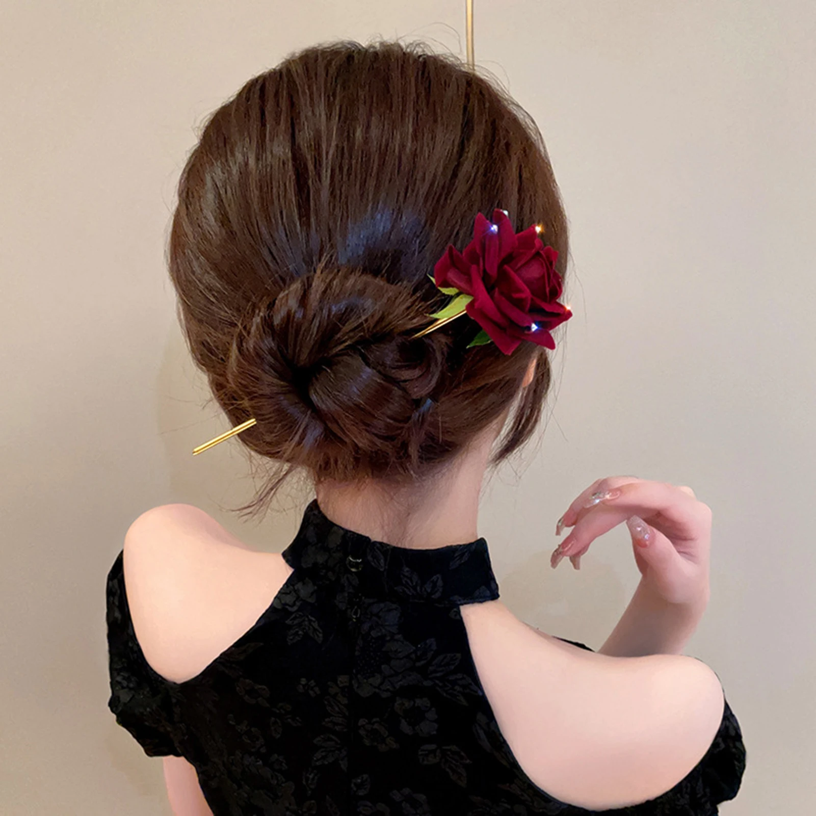 Red Rose Flower Hair Sticks Forks Gold Color Alloy Hair Clips Women Hair Bun Maker Diamond Designs Hair Jewelry Accessories