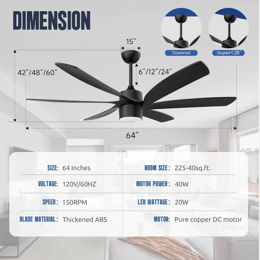 Ceiling Fan with Remote Control, Waterproof and All Weather, Large Air Volume & Waterproof Features, 64 Inch Ceiling Fan