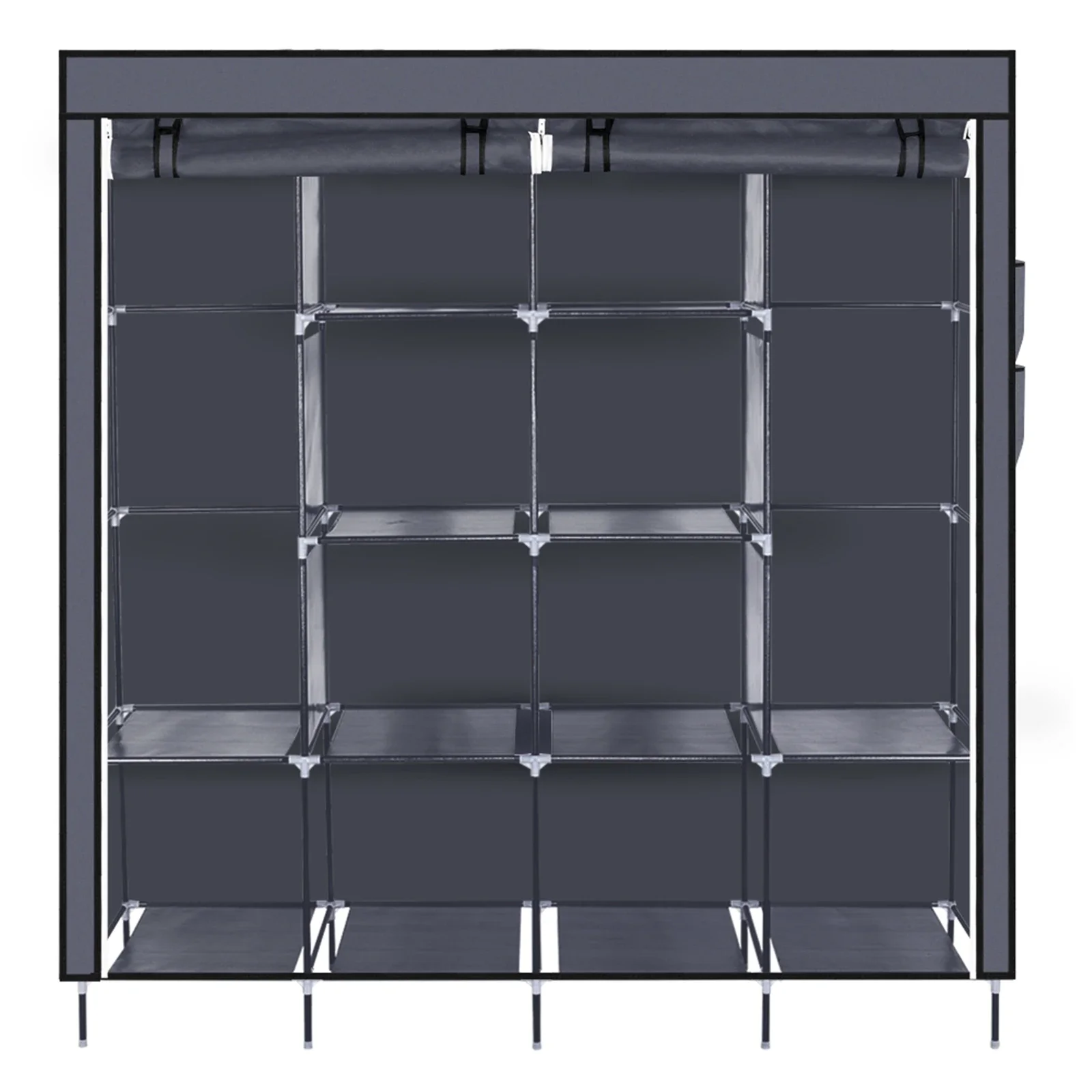 

67" Clothes Closet Portable Wardrobe Clothes Storage Rack 12 Shelves 4 Side Pockets Gray