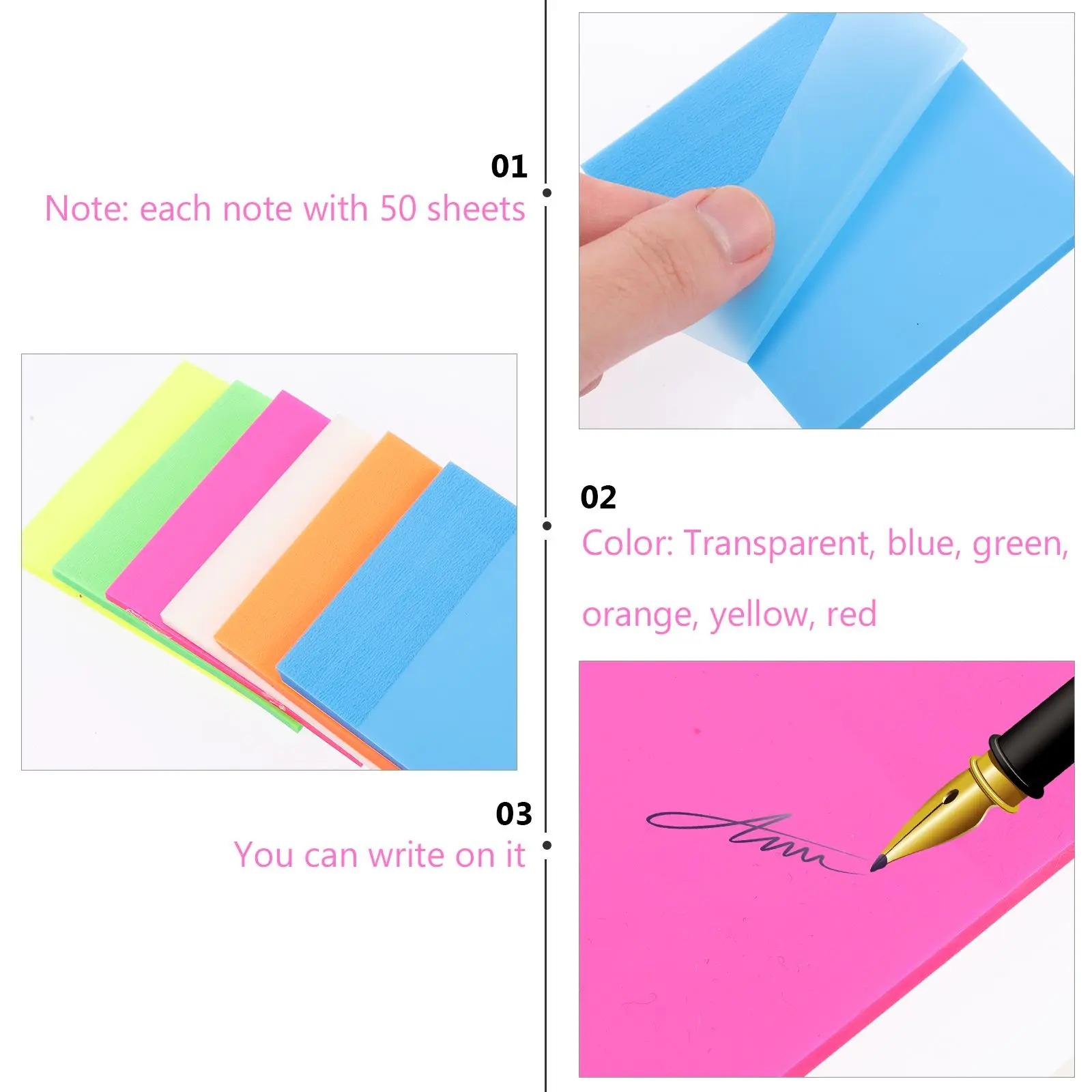 

6 Pcs Transparent 75x75mm 50 Sheets Bright Stick Memo Pads for Books School Office Home Reusable