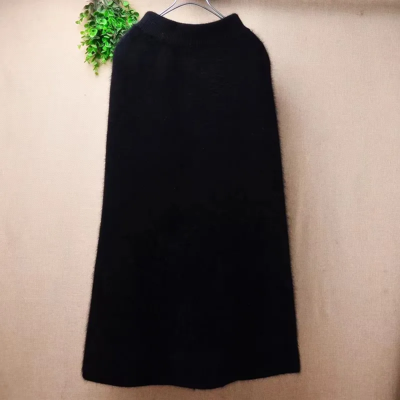 

Ladies Women Fall Winter Thick Warm Black Hairy Angora Rabbit Hair Knitted Sweater Mink Fur Skirt Pull Dress