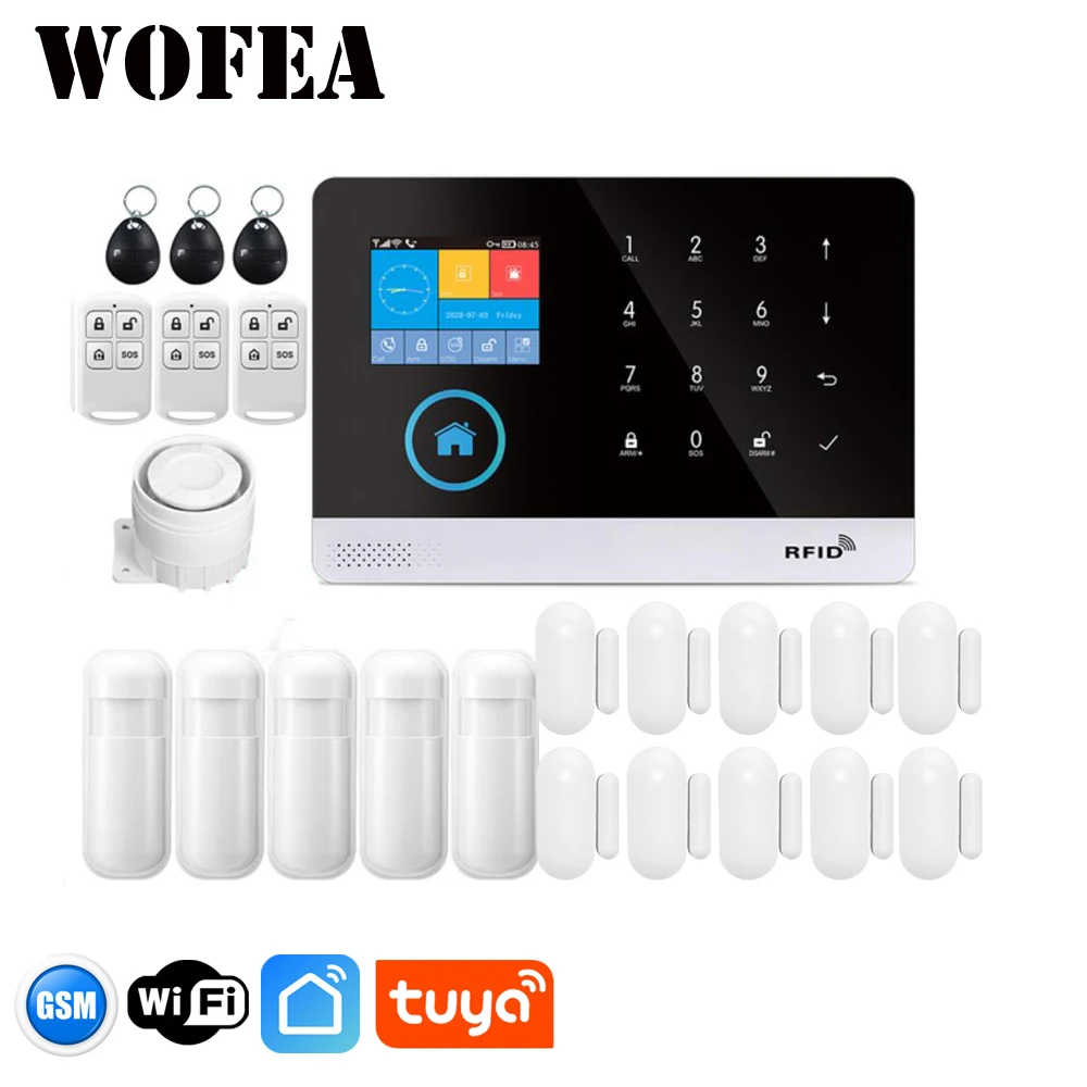 Wofea Tuya Smart Wifi GSM Alarm 103 Wireless 99 Zone Home Securitry Alarm System Smartlife APP Control Touch Keyboard LCD