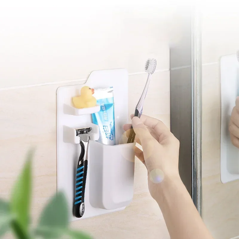 Silicone Toiletery Organizer Waterproof Toothbrush Holder with Mirror Razor Holder Designed for Shower and Bathroom