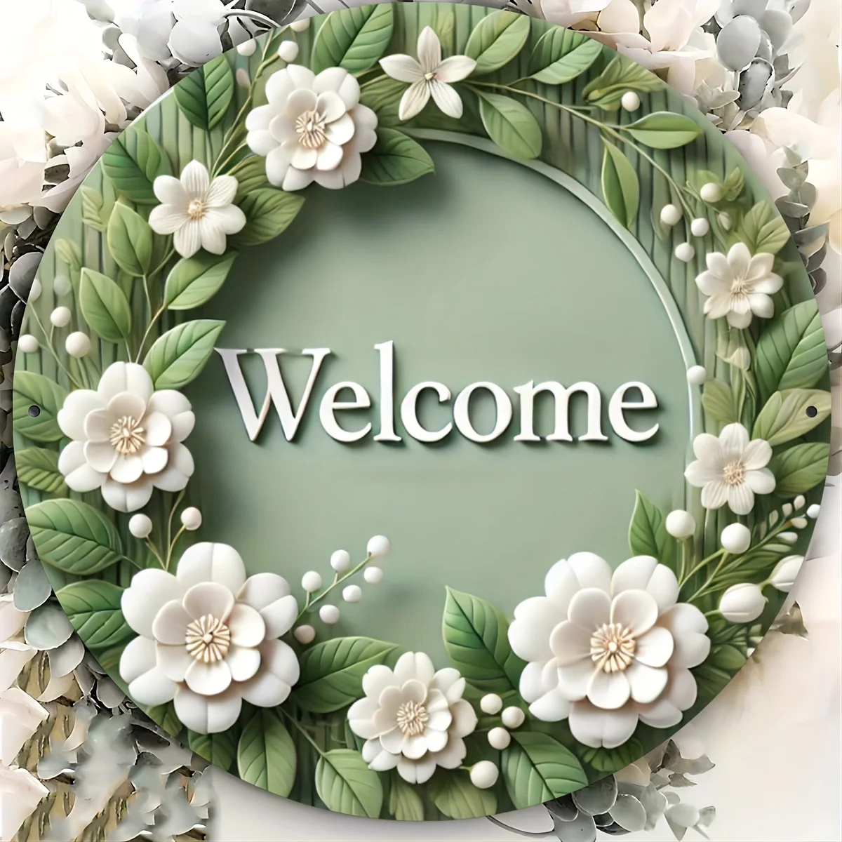 

"Rustic" Charming Magnolia Welcome Sign - 7.8"X7.8" Metal Wreath Centerpiece, Perfect For Door & Wall Decor