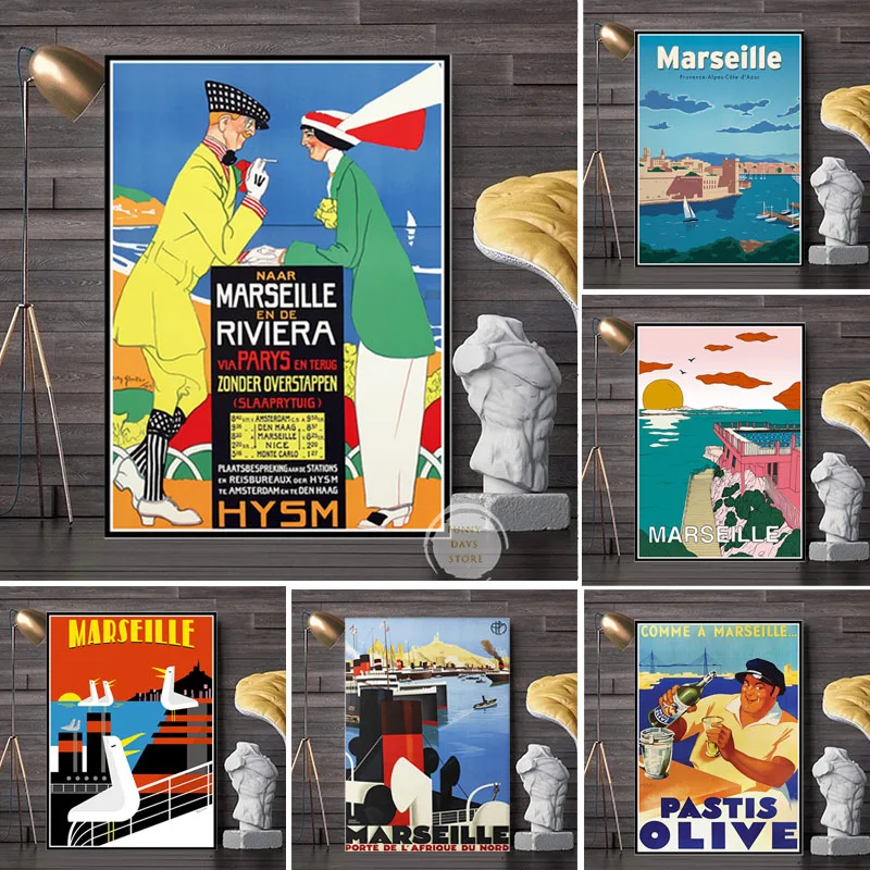 Pósteres de viaje de Francia, Marsella, Anis, oliva, pinturas en lienzo, imágenes Vintage, imágenes artísticas de pared para decoración del hogar y la sala de estar