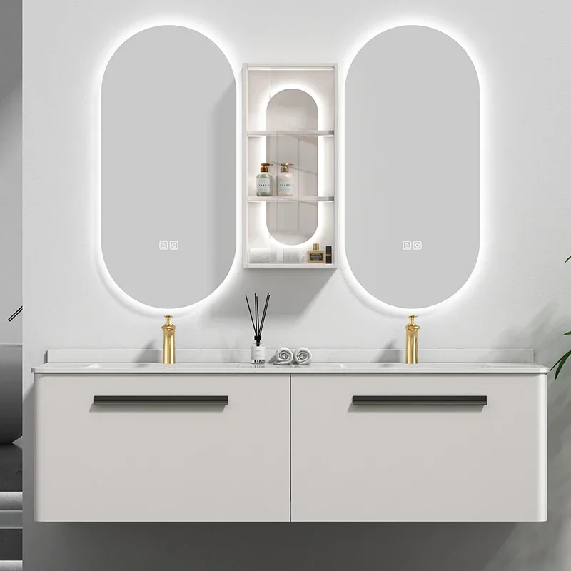 

Marble 72 Inch Double Sink Floating Vanity White Glossy Modern Bathroom Cabinet With Mirror