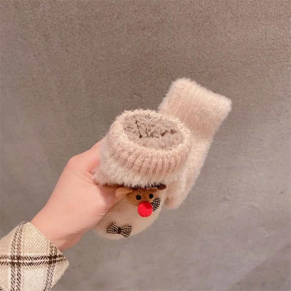 Kawaii Christmas Full Finger Mittens Women Girl Winter Snow Bow Plush Gloves Cute Bear Gloves Warm Thicken Knitted Gloves Gifts