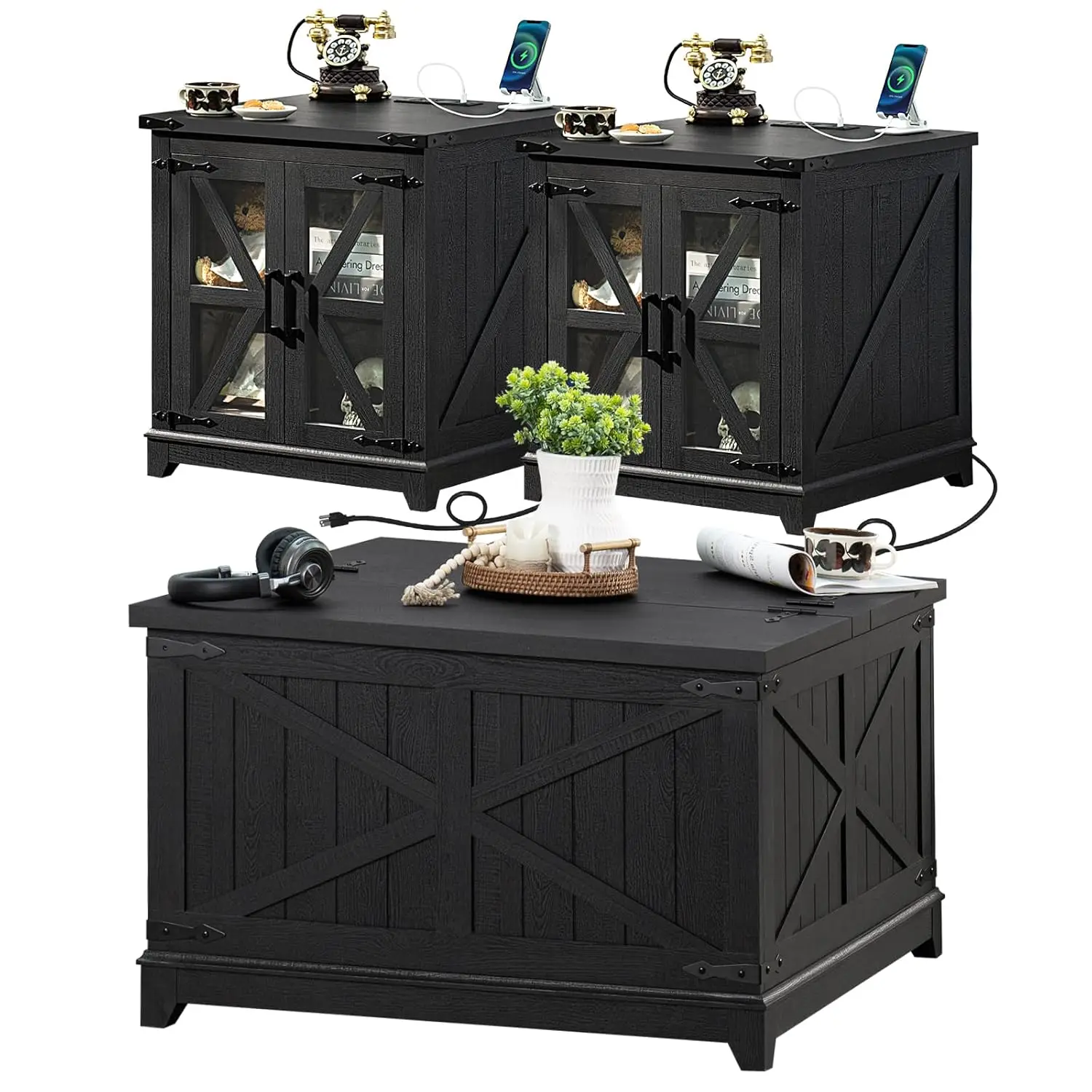 

3 Piece Coffee Table Set with Charging Station Hidden Storage Wood Furniture for Living Room Home Office, Customized