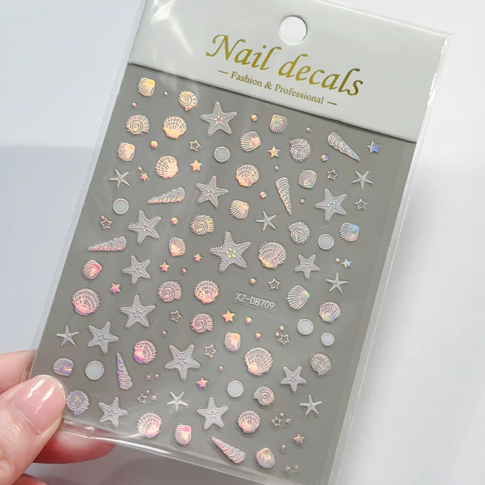 

1pc 3D Shiny Pink White Shell Starfish Nail Sticker Laser Sea Star Scallop Adhesive Nail Art Sticker Summer Beach Manicure Decal