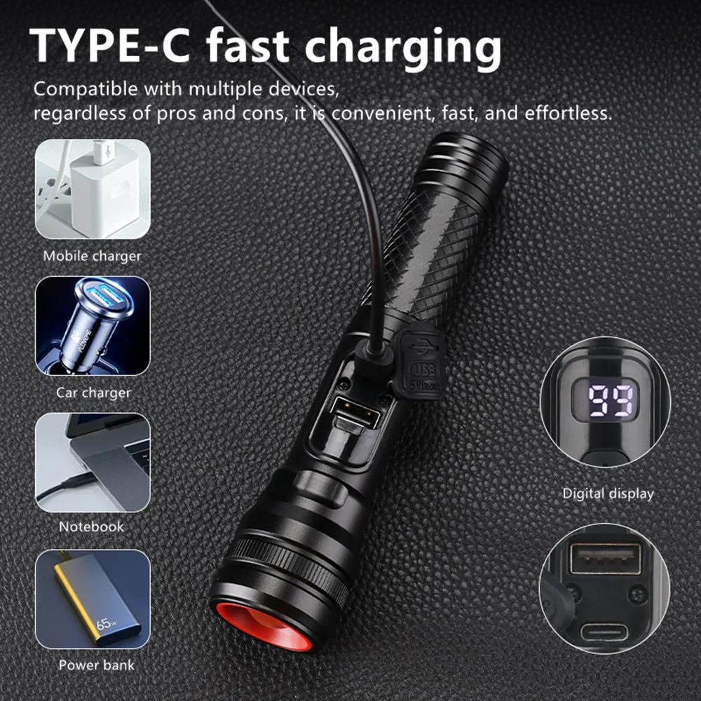 Portable Spotlight Long Range LED Flashlight Built-in 18650 battery Aluminum Alloy Zoom With Bicycle Clip For  Outdoor Camping