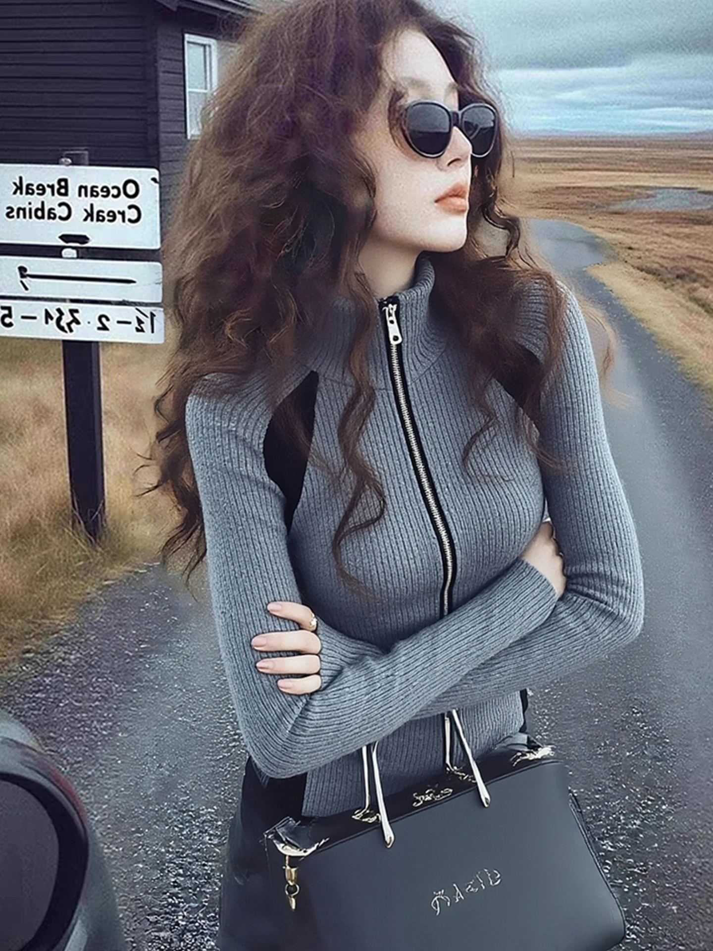 

ay Zipper Collar Knitted Sweater Women's Long Sve Slim Fit Base irt Large Size Inner Wear Commute Sle Korean Version