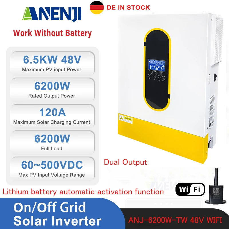 6.2KW Hybrid Solar Inverter MPPT Photovoltaic Solar Inverter Pure Sine 230V 48V Dual Output 120A Charge Controller PV 500V WIFI