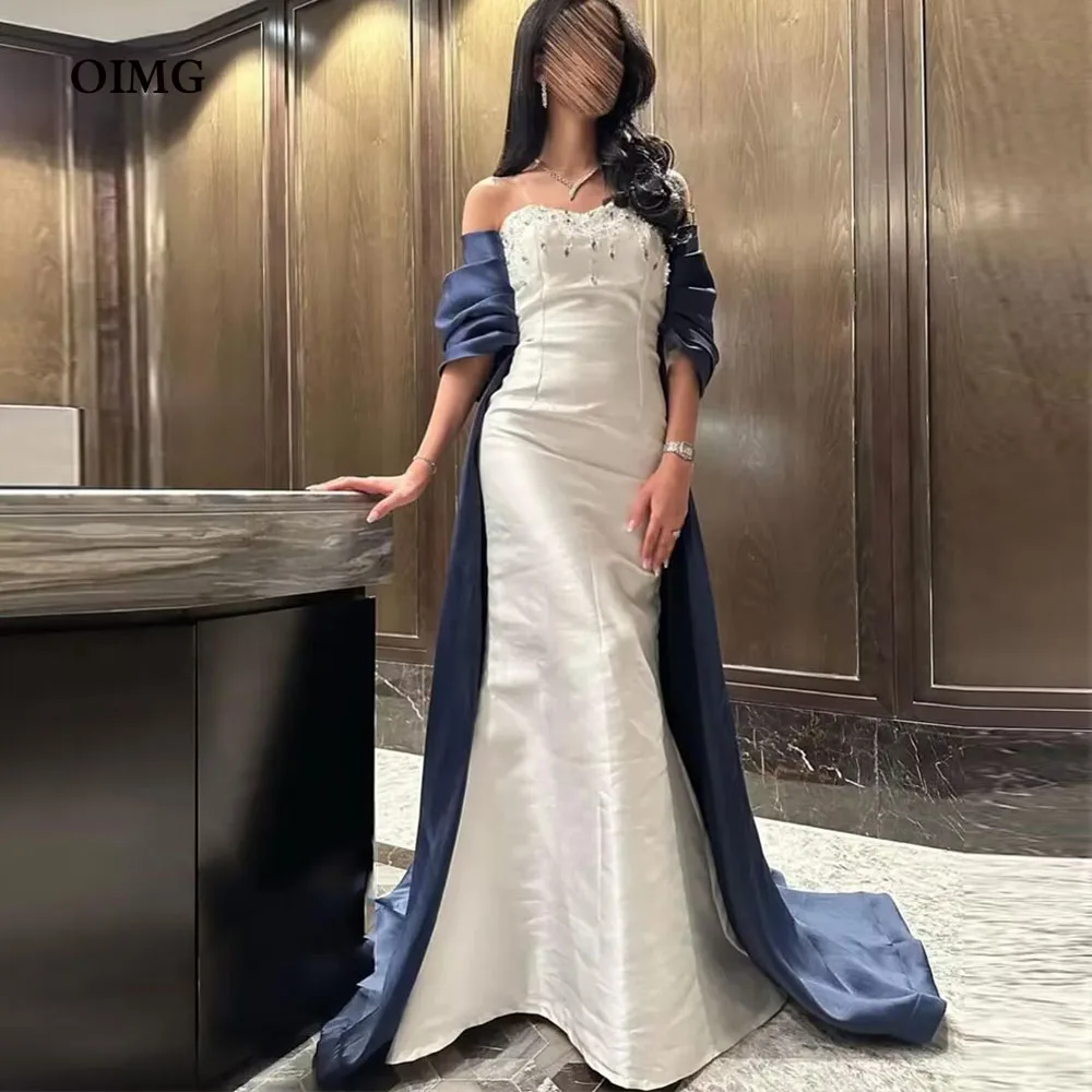 

OIMG Saudi Arabic Women Mermaid Formal Evening Dresses White With Navy Blue Jacket Beads Formal Prom Gowns Party Occasion