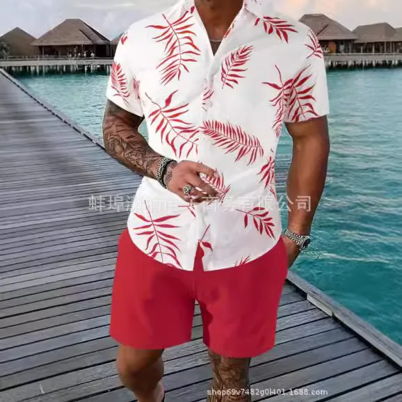 Men's Two-piece Clothing Tropical Print Short Sleeve Button Hawaiian Shirt And Shorts Set