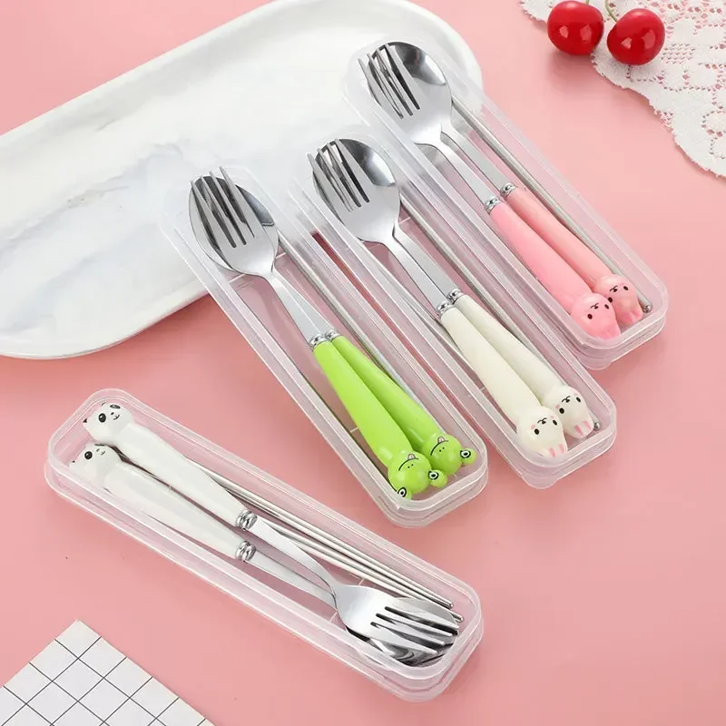 

Portable Cartoon Tableware with Case Kitchen Utensils Reusable Flatware Silverware Include Fork Spoon for Children