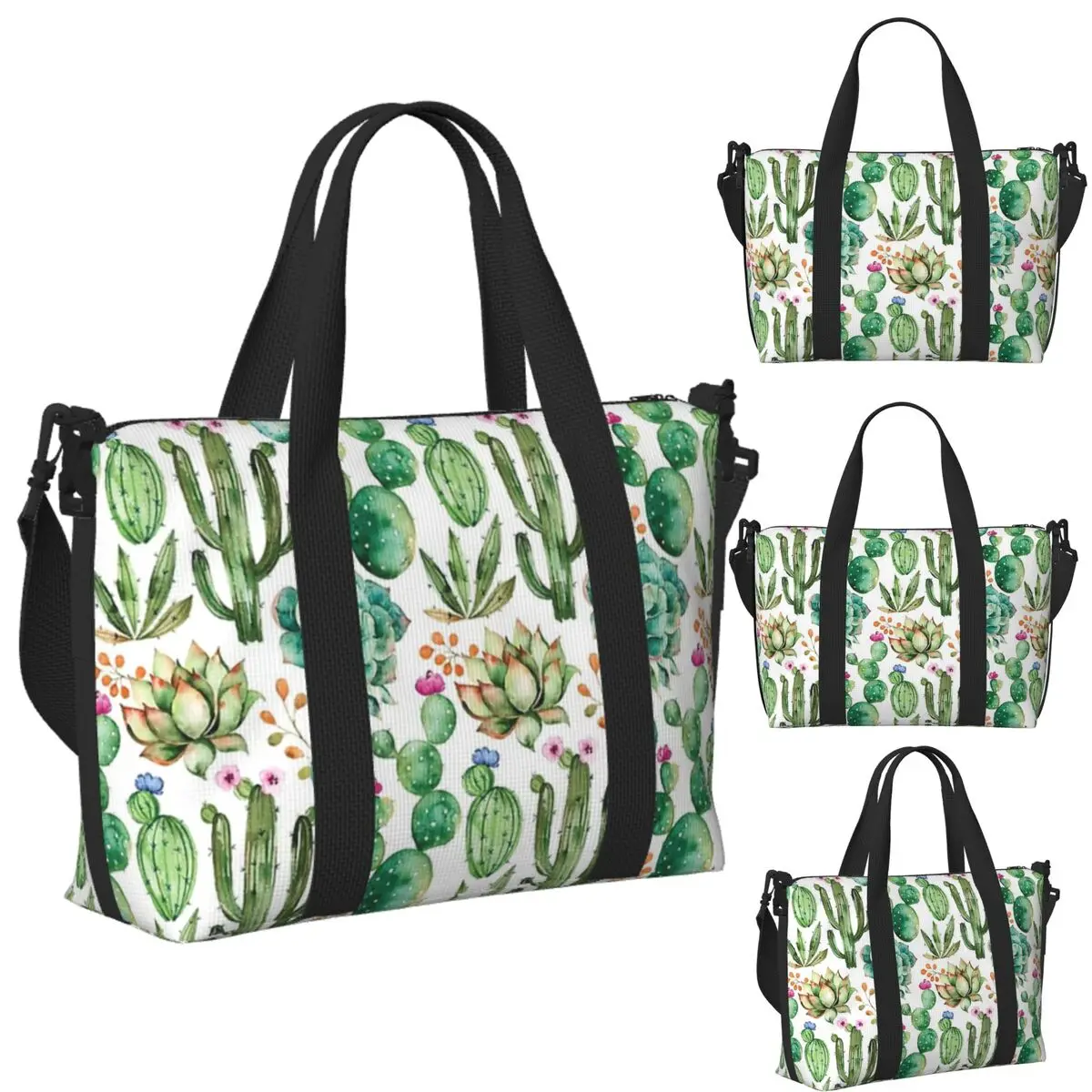 

Custom Watercolor Cactus Pattern Beach Travel Bag Large Capacity Tote Bags for Gym Yoga Women Shopping Duffle Shoulder Bag