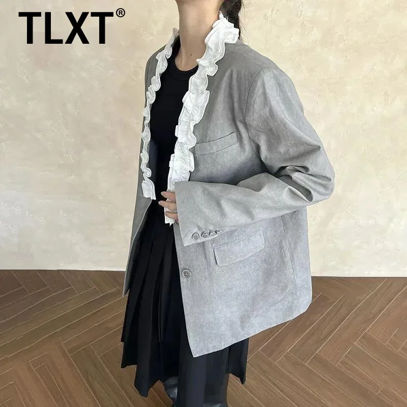 

TLXT Fashion Fungus Spliced Design Blazers Women's V Neck Single Breasted Office Lady Temperament Jacket Female 2025 New Autumn